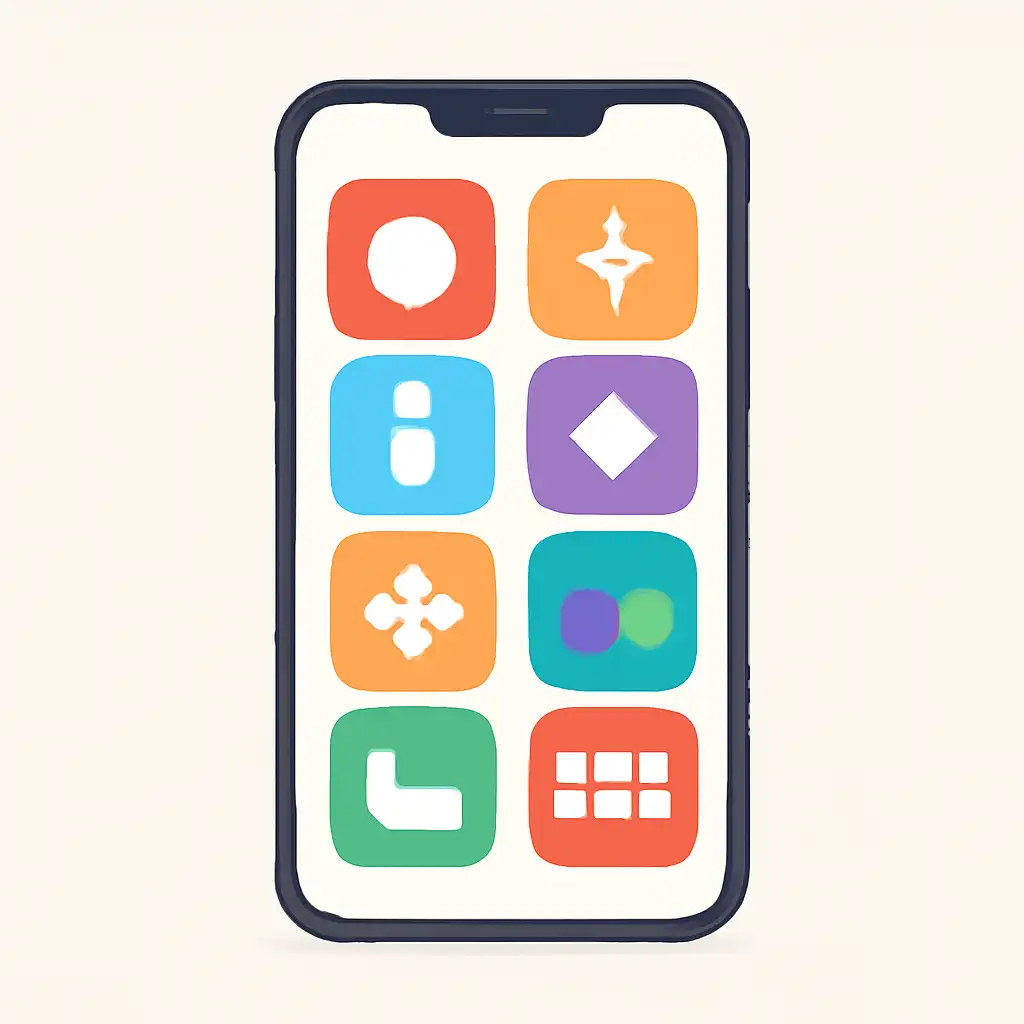 Smartphone shown from the front displaying a colourful flat layout of abstract game icons and rounded tiles (no text, no letters, no labels), Daman Lottery