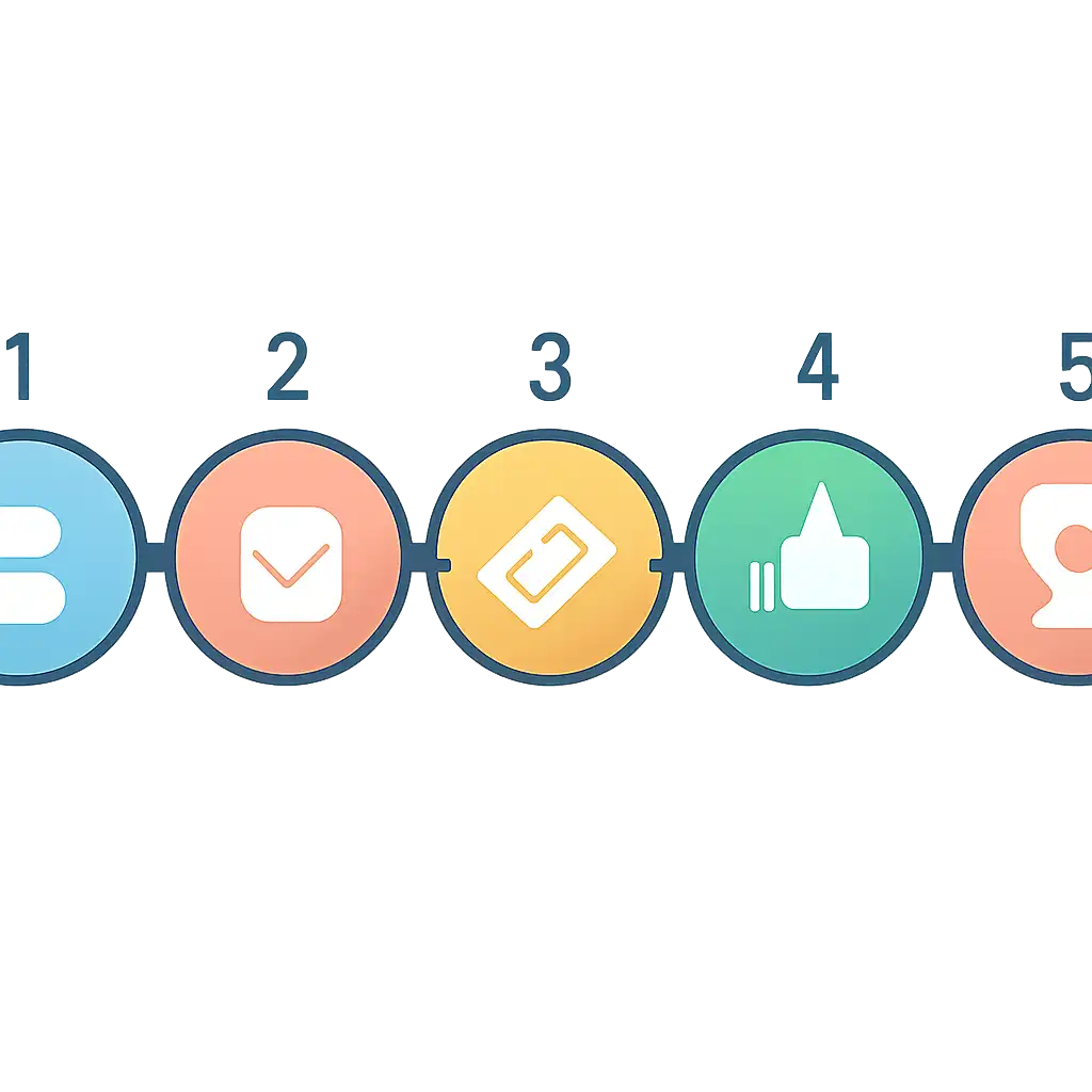 Five numbered circular icons connected by arrows in a horizontal flow, flat illustration, icons only, no words, Daman Lottery steps
